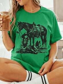 Women's 100% Cotton T-Shirt With Cowgirl, Horse, And Dog Print, Retro Country Style, Round Neck, Short Sleeve, Casual, Summer, Soft And Breathable, For Country Music Festivals And Rodeos, Gift For Horse Lovers, Dog Owners, And Country Lifestyle Enthusiasts, Summer Clothing - 綠色 - 查看 1