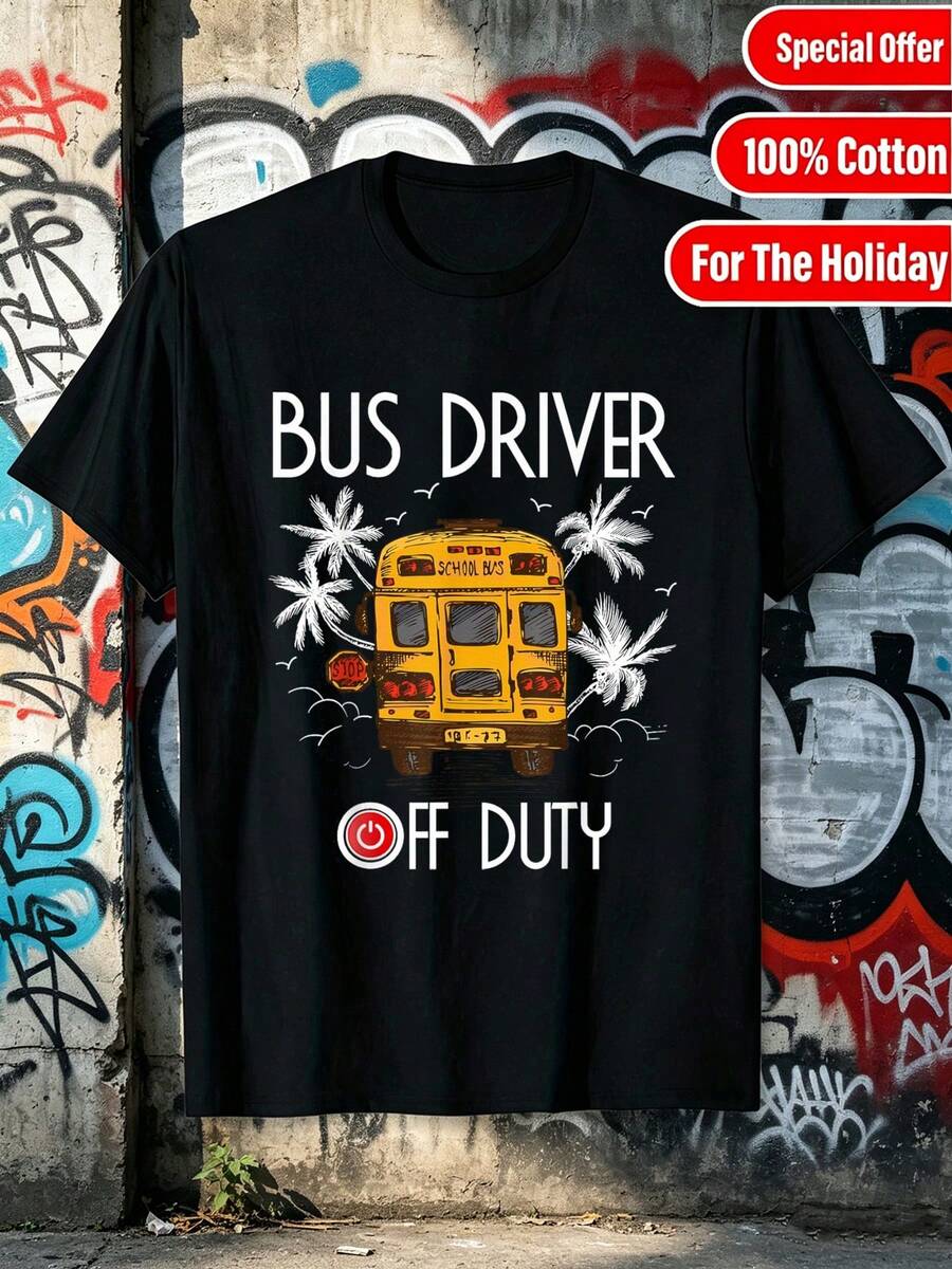 Camiseta unisex de manga corta, negra, con un autobús escolar amarillo, palmeras y el texto "CONDUCTOR DE AUTOBÚS FUERA DE SERVICIO" en blanco.Suave, transpirable, casual, a la moda, moderno, clásico, elegante, cuello redondo, manga corta, camisetas, verano, uso diario, vacaciones, al aire libre, cómodo, ligero, suave, transpirable, casual, a la moda, moderno, clásico, elegante, cuello redondo, manga corta, camisetas, verano, uso diario, vacaciones, al aire libre, cómodo, ligero, camisetas para mujer, camiseta gráfica de , diseño dulce, ropa casual de verano, ropa para clima cálido, camisetas para mujer, camisetas para hombre, camisetas de hombre, , y2k, spiderman, regalos para Esonovio, retro vintage, camisetas de gimnasio para hombre, spiderman, Camiseta del Campeonato Mundial 2026, , regalos para Esonovio - Negro - Ver 1
