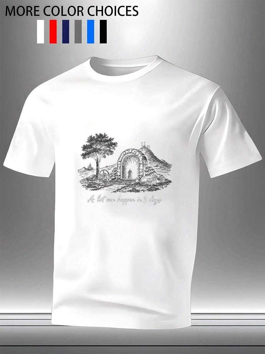 Casual T-Shirt With A Religious Print Of The Easter Tomb Cross And The Slogan "Three Days Can Change Everything." A Fashionable T-Shirt For Adult, Perfect As A Holiday Gift Or For Everyday Wear. - 白色的 - 查看 1