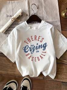 Camiseta blanca para mujer, 100% algodón, con el divertido estampado "No crying on the baseball field", una camiseta de manga corta con temática deportiva adecuada para partidos de softball, días de juego, fiestas en bares deportivos y uso diario. Lavable a máquina, no destiñe, de tacto suave, un atuendo ideal para entusiastas del softball. - Blanco - Ver 8