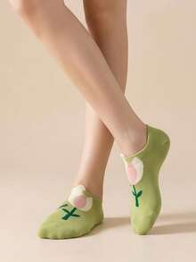 4 Pairs Women's Multicolor Tulip Pattern Breathable Knit Invisible Boat Socks, Versatile For Daily Wear, Commute, Party, Sports, School, Holiday Gift - Multicolor - View 3
