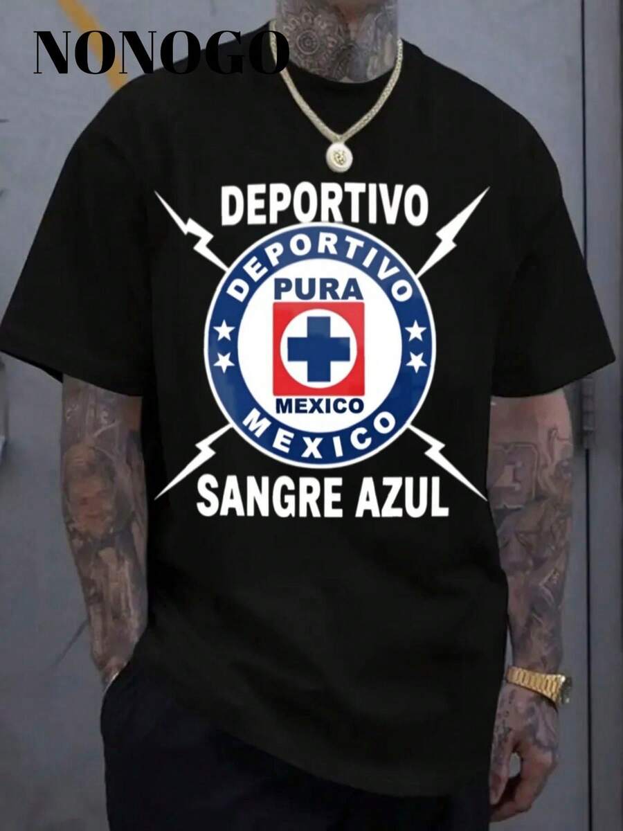 Black T-Shirt With Eye-Catching Designs - White 'NONOGO' And 'DEPORTIVO SANGRE AZUL' Print - Circular Logo With Red Cross And The Legends 'PURA MEXICO' And 'MEXICO' - Perfect For Urban Style, Ideal For Fans Of Football And Mexican Culture, A Great Gift For Any Occasion - 黑色 - 查看 1