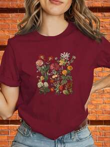 Women's "Navy Floral" Designer T-Shirt, Y2K Style, With Geometric Print And Logo, Loose Fit, Short Sleeve, Black And Gold Color, Casual Summer Shirt, Machine Washable Stretch Fabric (Anti-Wrinkle), Suitable For Casual Wear And Layering. - 紅色 - 查看 12