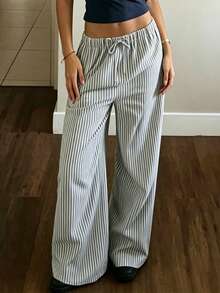 Pantalones anchos de mujer de poliéster a rayas, para ir al trabajo y uso casual, de largo completo, con tela sin estiramiento - Blanco y Negro - Ver 3