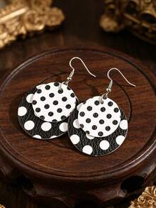 1 Pair Black & White Polka Dot Double-Layer Leather Earrings, Retro Hong Kong Style Fashion Versatile Long PU Leather Earrings - Black and White - View 5