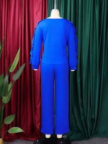 Elegant European And American Winter Two-Piece Set, Featuring Ruffles, Adjustable Drawstring, Long Sleeves, And A Fitted Waist. - Blue - View 2