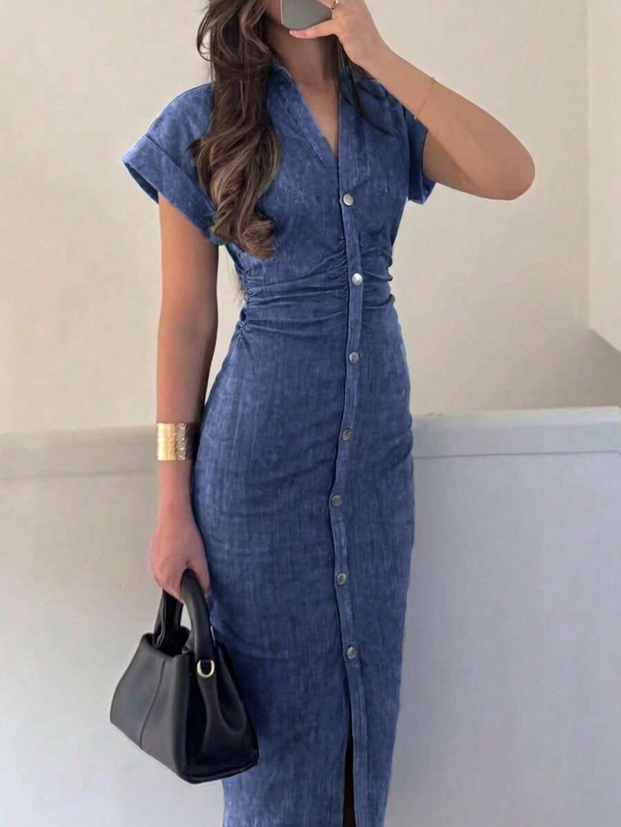 女士优雅褶裥单排扣短袖翻领纯色连衣裙，梭织面料，夏季