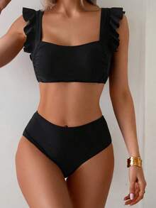 Conjunto de traje de baño para mujer, conjunto de unicolor con escote cuadrado tipo bandeau, tirantes con volantes - Negro - Ver 3