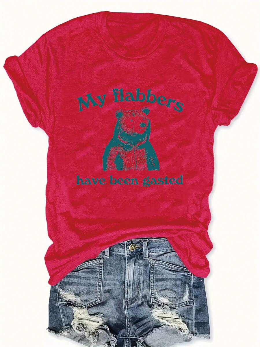 Women's Plus Size Casual T-Shirt With "My Flabbers Have Been Gasted" Raccoon Letter Print, Crew Neck, Slightly Stretchy Fabric, Autumn/Winter Collection, Raccoon T-Shirt - 紅色 - 查看 1