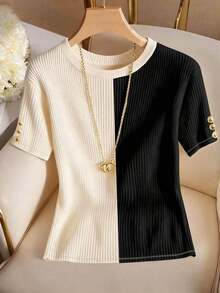 Camiseta de manga corta con estampado de rayas negras y blancas, decoración de botón de metal, para uso casual y de oficina para mujeres - Multicolor 3 - Ver 1