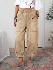 Pantalones vaqueros casuales de mujer con cintura con cordón y lavado vintage, pantalones casuales de mujer, pantalones de verano de mujer con cintura elástica, pantalones de mujer con bolsillos, pantalones caqui de mujer - Caqui - Ver 3