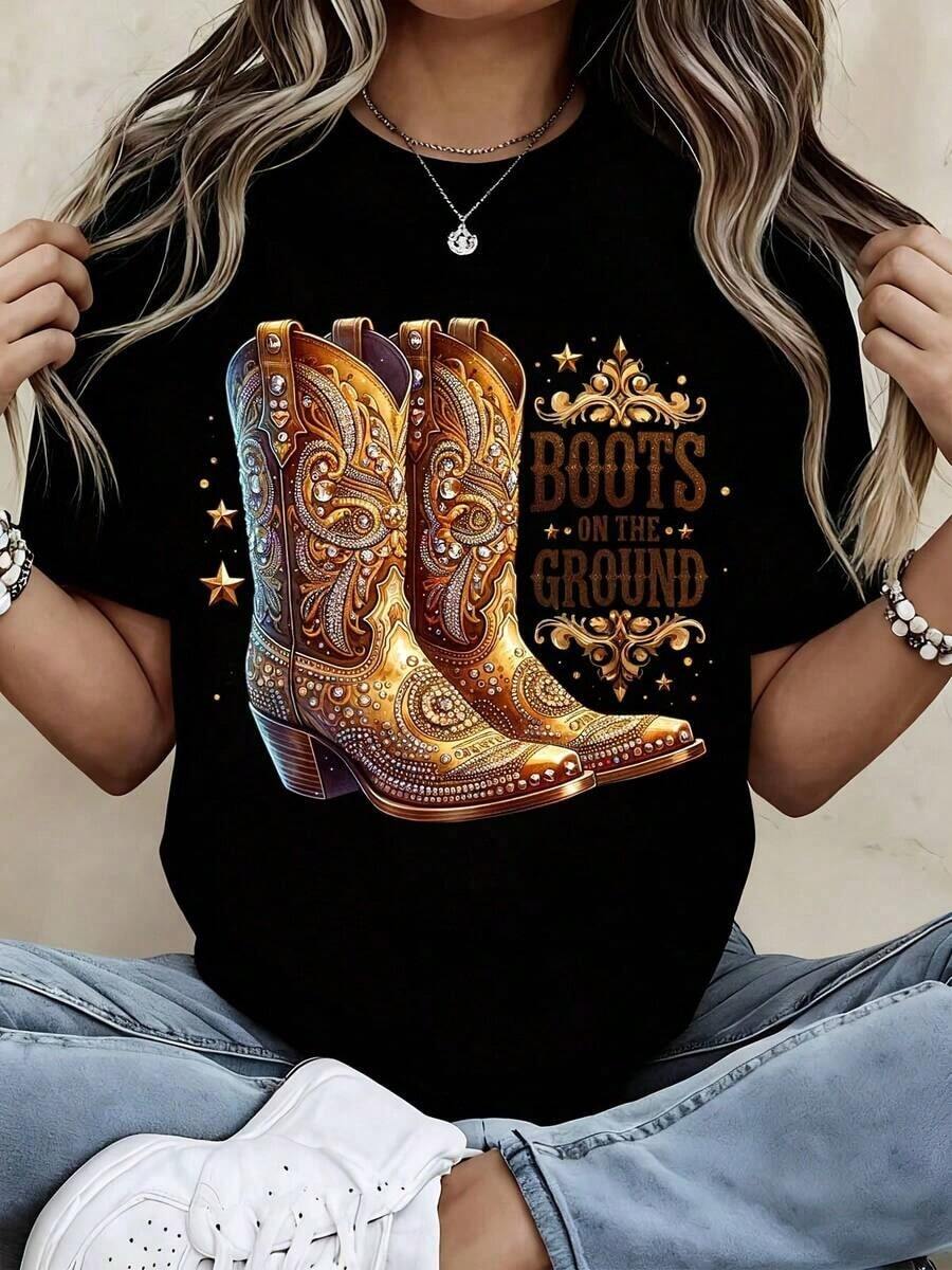 1 camiseta con estampado de botas de vaquero y diseño de texto para uso casual y atuendos de estilo country, 180g 100% algodón. - Negro - Ver 1