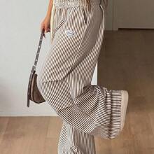 Women's Plus Size Summer Going Out Outfit Casual Streetwear Mid Rise Wide Leg Elastic Waistband  Letter Graphic Drawstring Waist Pocket Striped Pleated Pants Oversized Inclusive Sizing Pant - Azul y blanco - Ver 5