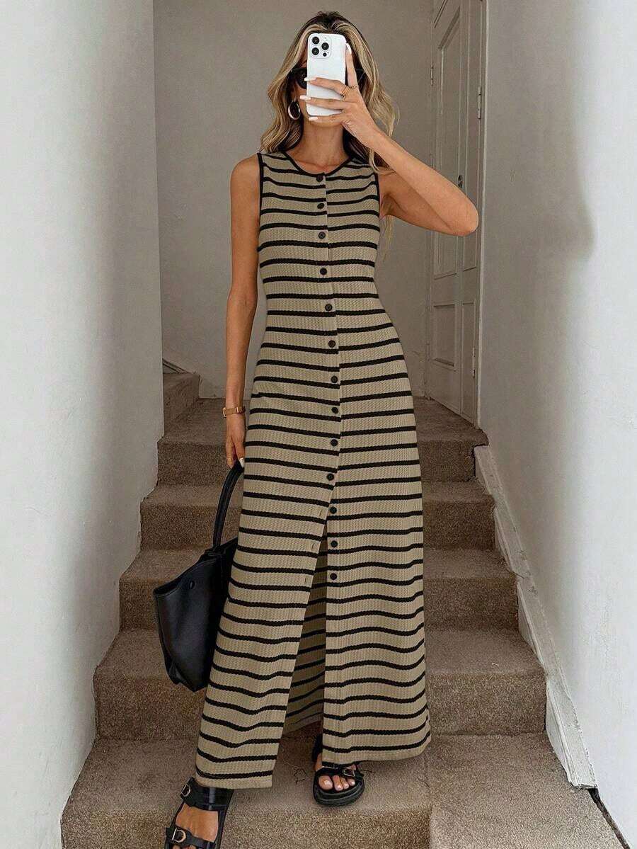 Vestido ajustado a rayas blancas y negras con abertura frontal, informal, para negocios y resorts, lindo vestido de verano, adecuado para las temporadas de primavera, verano, otoño e invierno, ropa informal de negocios para la vuelta al cole, atuendos para salir, ropa para la vuelta al cole, atuendos para maestras, vestido color crema, vestido elegante de playa largo para mujer. - Gris volcánico - Ver 1