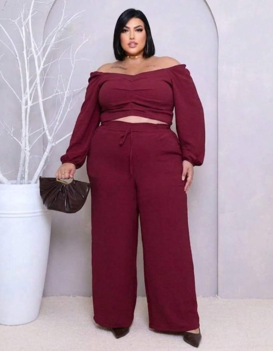 Plus Size Set: Off-The-Shoulder Cropped Top And Elegant High-Waisted Lined Palazzo Pants - 紅木色 - 查看 1