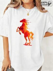Women's Fashion White T-Shirt With Front Flame And Horse Print Design, Comfortable Casual Wear For Daily Outings And Leisure - 白色 - 查看 1