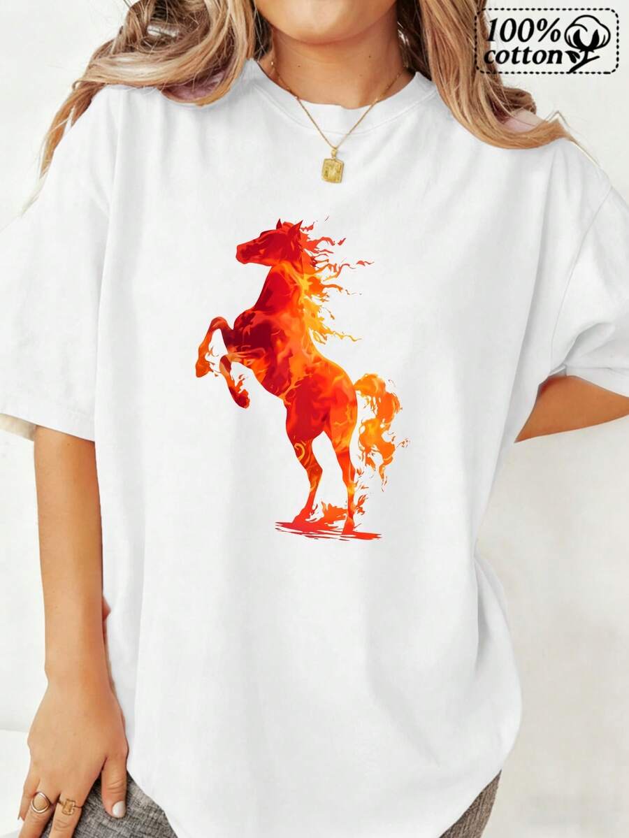 Women's Fashion White T-Shirt With Front Flame And Horse Print Design, Comfortable Casual Wear For Daily Outings And Leisure - 白色 - 查看 1