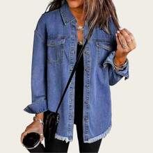 Plus Size Women's Solid Color Denim Ripped Long Sleeve Denim Jacket, Spring/Autumn Casual - Dark Wash - View 1