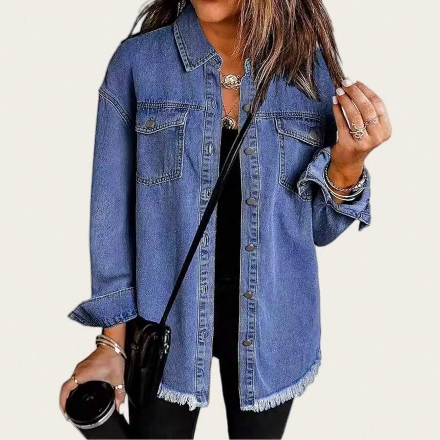 Plus Size Women's Solid Color Denim Ripped Long Sleeve Denim Jacket, Spring/Autumn Casual - Dark Wash - View 1