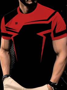 Men's Contrast Color Geometric Pattern Short Sleeve T-Shirt - Red - View 3