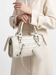 1pc Beige Splicing Rivets Inlaid Metal Tassels Zip Retro PU Material Small Bag Charms Loop Band Rivets Inlaid Sweet Cool Bikerbag Y2K Punk Square Bag - Beige - View 3