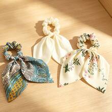 Bộ 3 chiếc dây buộc tóc scrunchies lụa satin, khăn buộc tóc họa tiết hoa nghệ thuật cho tóc đuôi ngựa, dây chun buộc tóc - Màu be - Xem 9