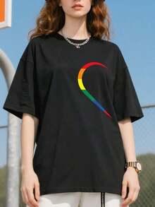 Estampado Gráfico Camiseta Mujer Algodón Ligera VeranoLGBT-Half-Heart-Love-Couple-Gay-Pride-Month-T-Shirt-Oversize Camiseta Mujer Estampado 100% Algodón Puro - Negro - Ver 4
