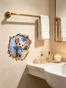 2D Realistic Mouse Hole Wall Sticker, Cute Mouse Brushing Teeth Creative Design, Waterproof Oil-Proof Easy To Clean Self-Adhesive Wall Decal, Suitable For Bathroom, Kitchen, Bedroom, Living Room, Unique Funny Home Decor, Perfect For Rental Renovation - 1PC - View 3