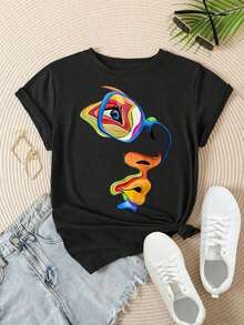 Women's Casual Short-Sleeve T-Shirt - Colorful Eyes And Mouth Design With Sunglasses, Round Neck, Summer Top, Machine Washable, Ladies' T-Shirts, Casual Wear, Modern Style, Comfortable Fit

-White - 黑色 - 查看 2