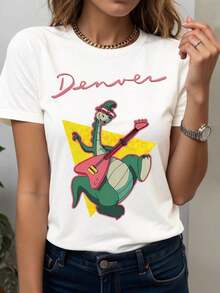 Women's White Short Sleeve Round Neck T Shirt With Denver Dinosaur Graphic Print High Stretch Regular Length Top Casual Ropa deportiva estilo Y2K, cuello redondo, 100% algodón, tejido suave, manga corta. - Blanco - Ver 7