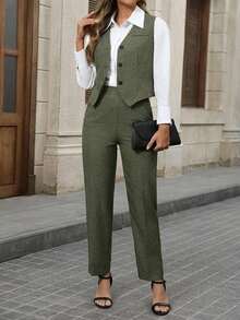 Conjunto de blusa con botones delanteros y pantalones casuales con bolsillo para mujer en otoño/invierno - Verde militar - Ver 5