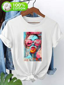 Camiseta ligera y transpirable de algodón, edición limitada,% algodón, con estampado de temática exterior, camiseta de manga corta para mujer, camiseta casual con estampado de patrón de piruleta picante, algodón ligero. - Blanco - Ver 12