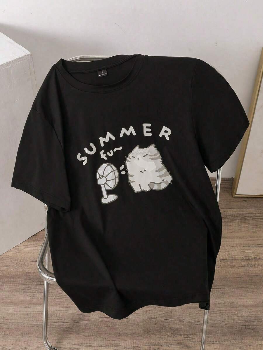 100% algodón puro, transpirable y agradable para la piel. Diseño clásico de cuello redondo, corte ajustado y adecuado para todo tipo de cuerpos. Estampado de moda con estilo minimalista y de alta calidad. Diseño unisex perfecto para conjuntos de pareja, ideal para el transporte diario, citas, ocio y ropa urbana - versátil y atemporal. - Negro - Ver 1