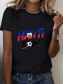 Soft, 100% Cotton, One-Piece Women's T-Shirt With A Crew Neck And Print. Part Of The USA-Mexico Clothing Series, This Energetic, Crew-Neck T-Shirt Features A 2026 Haiti Print And Is Perfect For Everyday Wear. Ideal For Soccer Fans And Cheerleaders. This New, Breathable Cotton T-Shirt Is Ideal For Spring/Summer, Easily Paired With Anything, And Stays Cool And Comfortable. - 黑色 - 查看 6