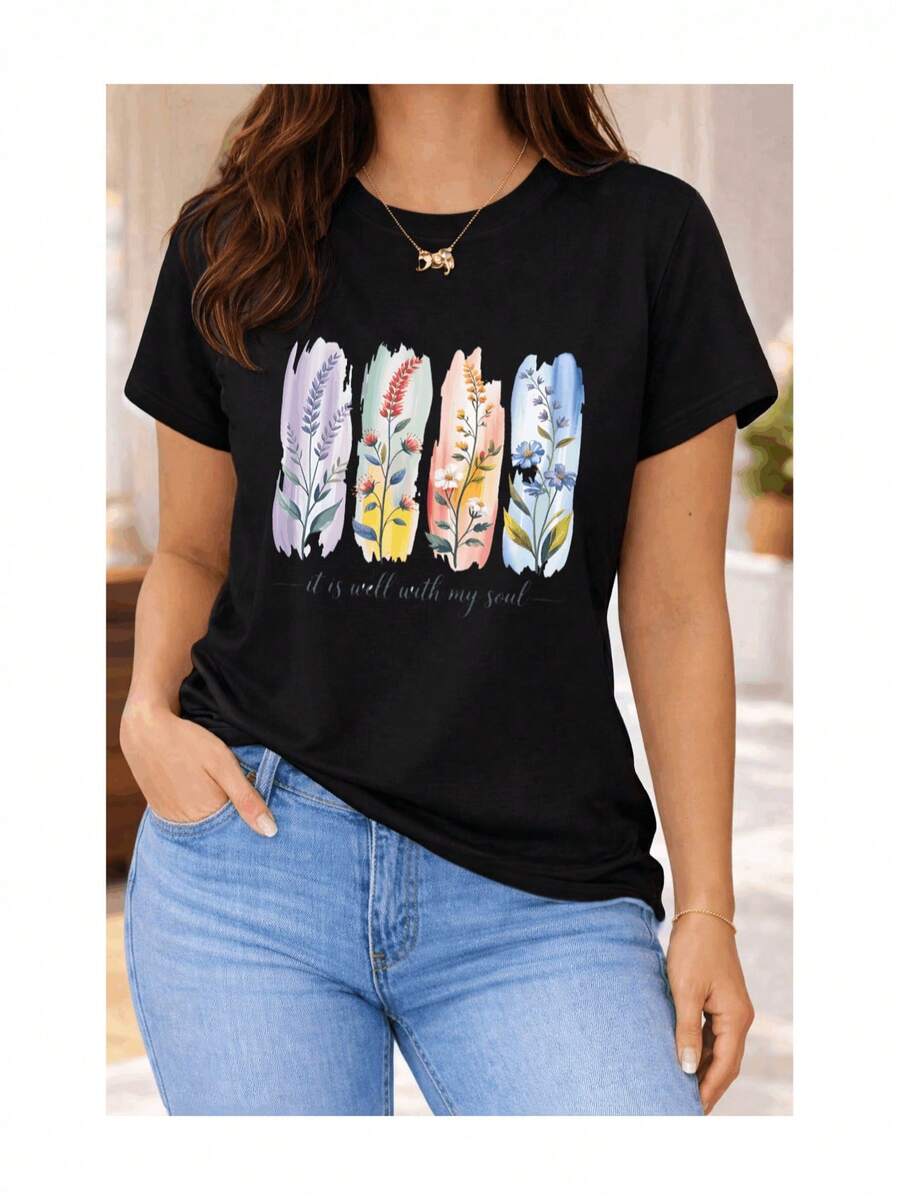 Soft 100% Cotton Short-Sleeved T-Shirt For Women With Watercolor Floral Print And English Phrase, Casual Spiritual Botanical Artistic Design, Breathable Cotton T-Shirt, Goes With Everything, Great. - 黑色 - 查看 1