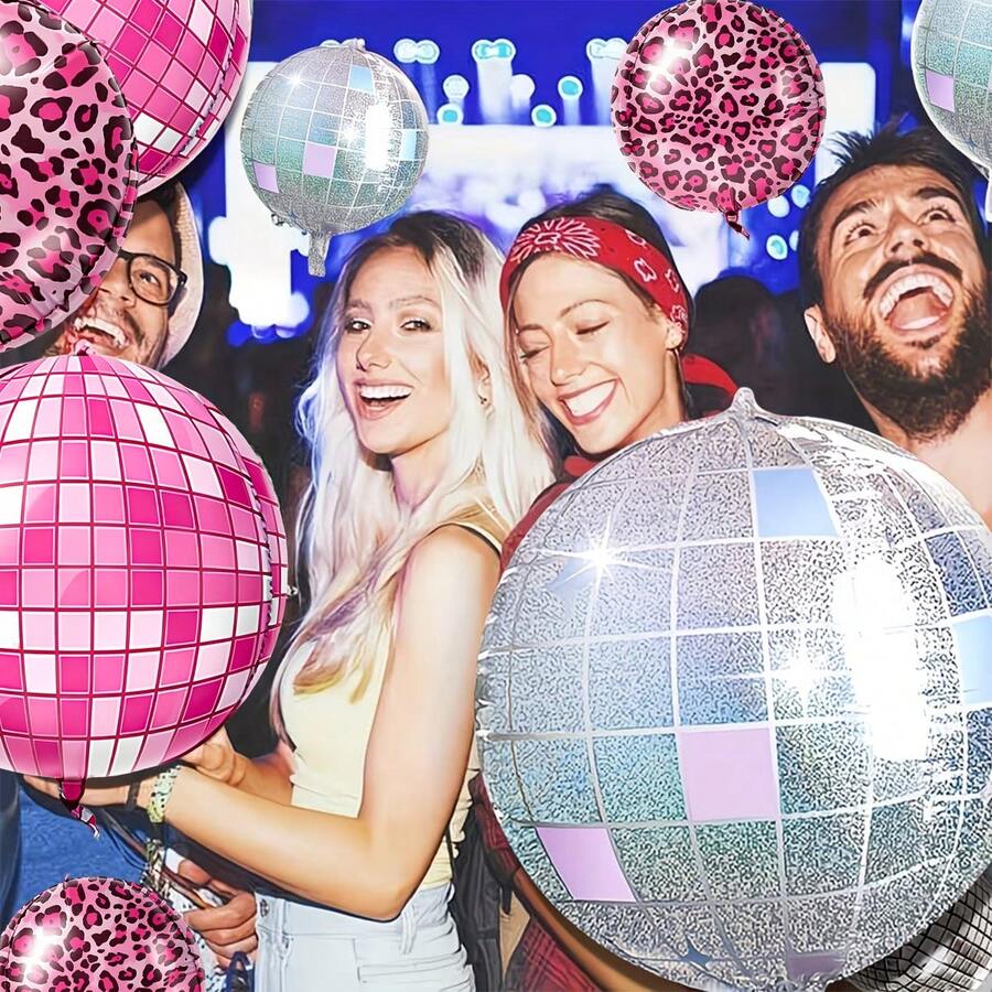 3pcs 22inch 4D Round Disco Balloons, Including Leopard Print Balloon, Laser Disco Ball, Pink Disco Ball Music Performance Decor Props, 80s 90s Party Gifts, Photo Props, Hip Hop Disco Birthday Party Decorations, Music Concert Theme Party Cosplay Stage Birthday Decor, Party Supplies - Multicolor - View 1