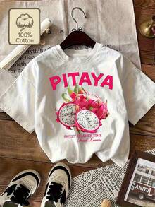 Camiseta de Algodón Puro Estampada para Mujer con Cuello Redondo y Manga Corta en Blanco, Gris y Rosa - Un Esencial Cómodo para Amantes de la Fruta Primavera Verano Y2k - Negro - Ver 1