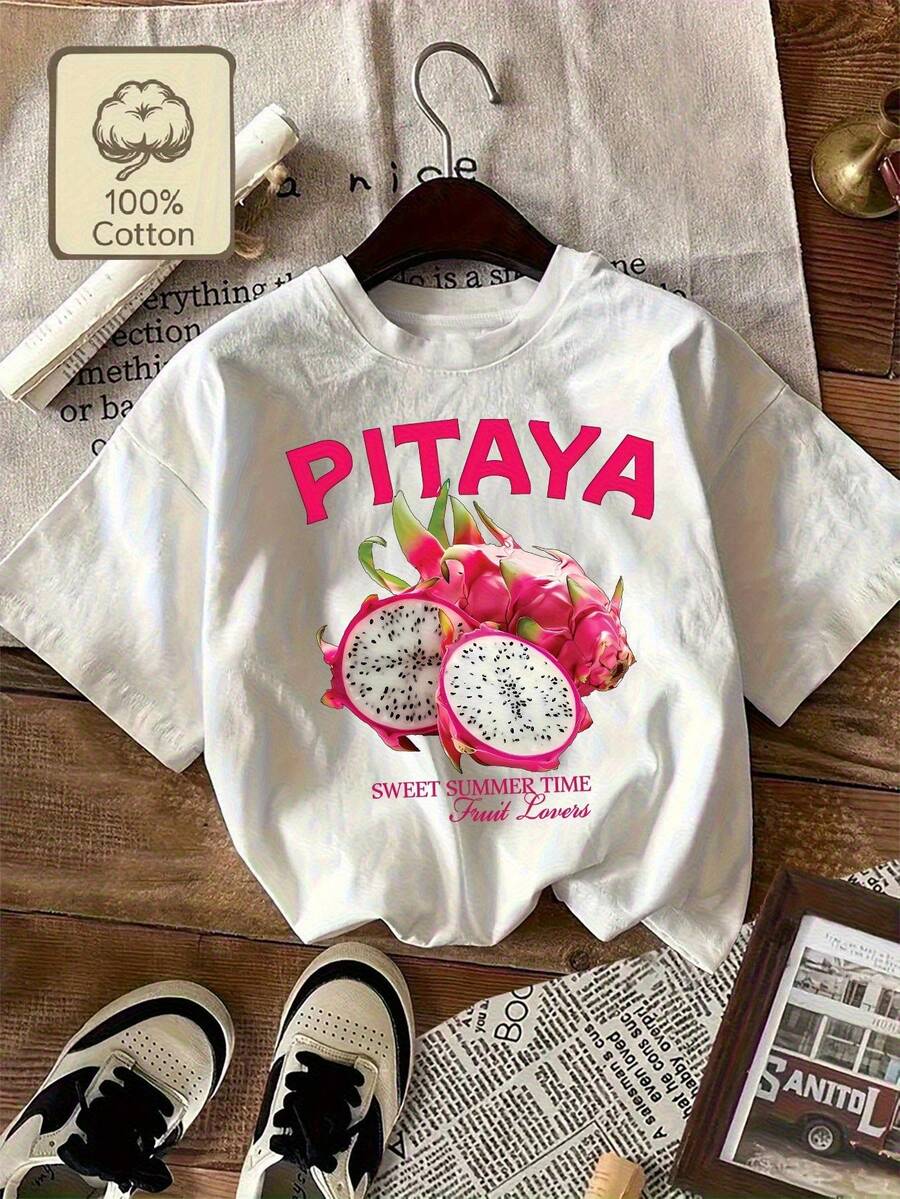 Camiseta de Algodón Puro Estampada para Mujer con Cuello Redondo y Manga Corta en Blanco, Gris y Rosa - Un Esencial Cómodo para Amantes de la Fruta Primavera Verano Y2k - Negro - Ver 1