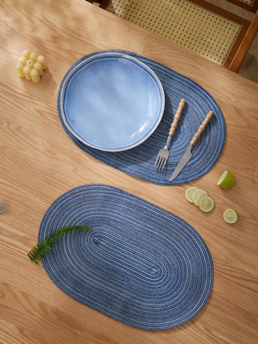 Bộ 1/2/4/6/8 tấm lót bàn hình bầu dục bằng polyester màu be ombre tối giản. - Màu xanh lam - Xem 1