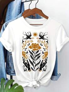 Camiseta de Mujer - Camiseta de Arte Folclórico Bohemio - Top de Manga Corta con Estampado Floral y de Aves Estilo Bohemio Vintage, Verde Oliva con Naranja/Negro, Ropa Casual de Verano para Vacaciones, Lavable a Máquina, Tallas S-XXL, Casual. - Blanco - Ver 8