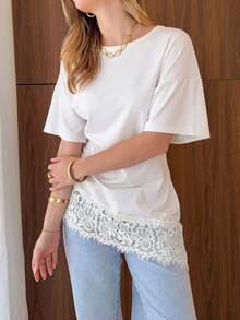 New Arrival Fashion Contrast Lace Asymmetrical Hem Knit Long Top Summer - White - View 6