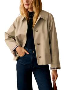 Women's Cropped Jacket, Trench Style Windbreaker With Plaid Lining, Designer Look Oversized Coat, Early Fall Casual Outerwear - Màu be - Xem 1