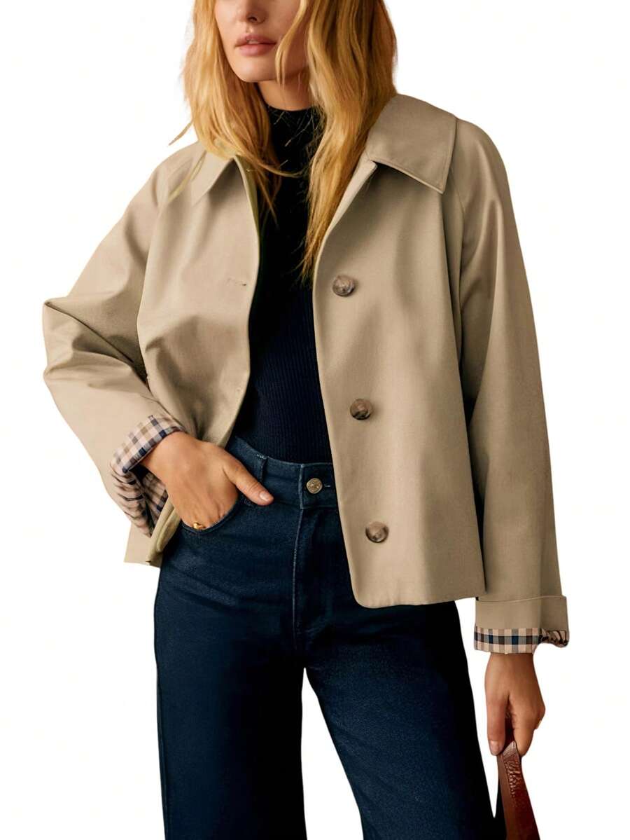 Women's Cropped Jacket, Trench Style Windbreaker With Plaid Lining, Designer Look Oversized Coat, Early Fall Casual Outerwear - Màu be - Xem 1