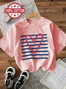 Mujeres Camiseta Casual de Manga Corta con Cuello Redondo - Estampado Gráfico con Diseño de Corazones y Rayas, Rosa y Azul Marino, Corte Holgado, Lavable a Máquina, Comodidad para Todas las Temporadas, Ropa de Uso Diario, Diseño Divertido, Tela Transpirable, Atuendo de Verano, Camiseta Cómoda de Algodón Puro de Manga Corta - Albaricoque - Ver 6