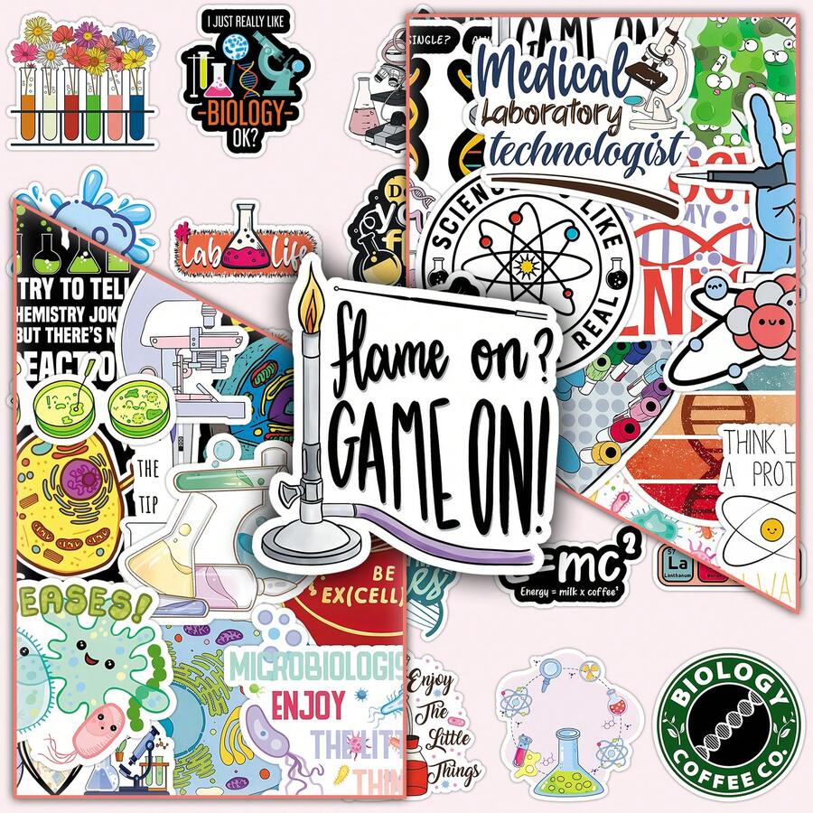 50 piezas Pegatinas decorativas con elementos de microorganismos, células y doodles creativos de dibujos animados de ciencia de laboratorio para teléfono, monopatín - ciencia - Ver 1