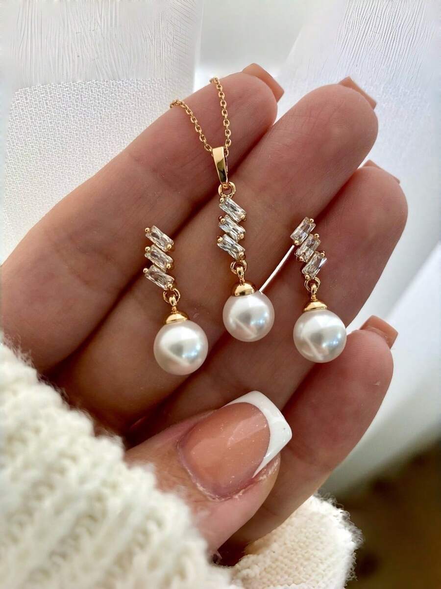 Bộ dây chuyền và bông tai đính đá pha lê và ngọc trai giả sang trọng kiểu cổ điển, phù hợp cho tiệc tùng, liên hoan và đeo hàng ngày. - Vàng - Xem 1