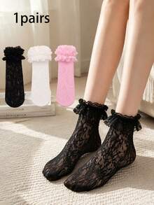1 Pair Women's Sweet Ruffle Lace Sheer Ankle Socks, Cute Lolita Style, Thin Socks For Spring And Summer, Suitable For Daily And Party Wear - Multicolor - View 1