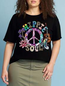 Plus Size Women's Casual Crew Neck T-Shirt With Cartoon Character Print, Short Sleeve, Slightly Stretchy Fabric, Chic Style For Valentine's Day - 黑色 - 查看 2