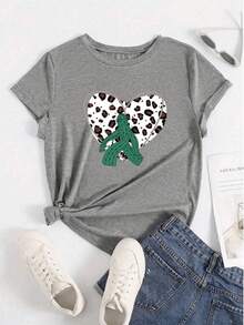 Camiseta de manga corta con estampado de corazones casual y estampado de leopardo para mujeres - Gris - Ver 7