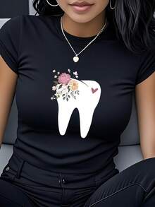 Camiseta con estampado floral y de dientes, de manga corta y cuello redondo, ropa de mujer, estilo casual moderno y versátil, adecuada para el día a día, citas y reuniones, camiseta de algodón puro con estampado para mujer. - Negro - Ver 7